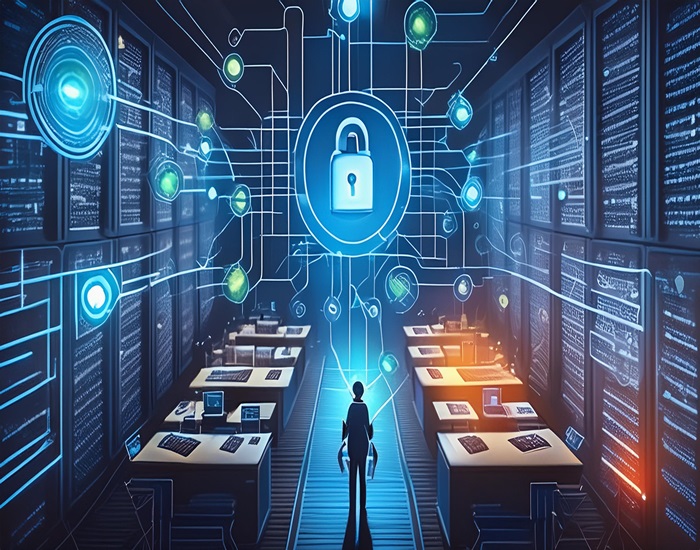 Person standing in office with nodes directing to a locked node