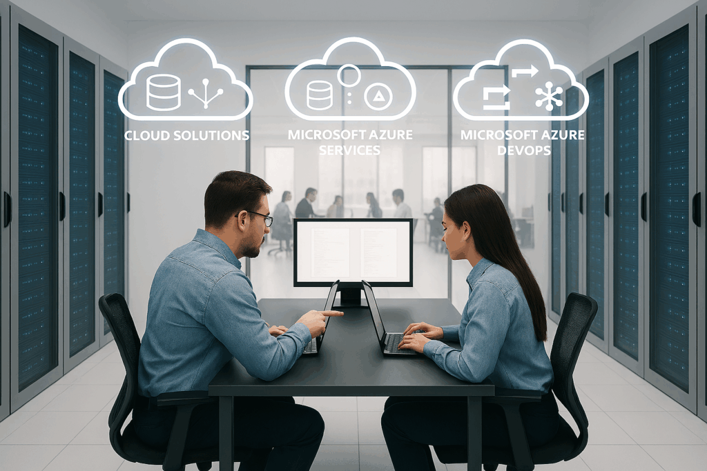 Two workers in a server room collaborating